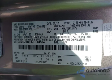 2018 Lincoln Mkc Premiere из США, поврежденный, VIN 5LMCJ1C9XJUL04594